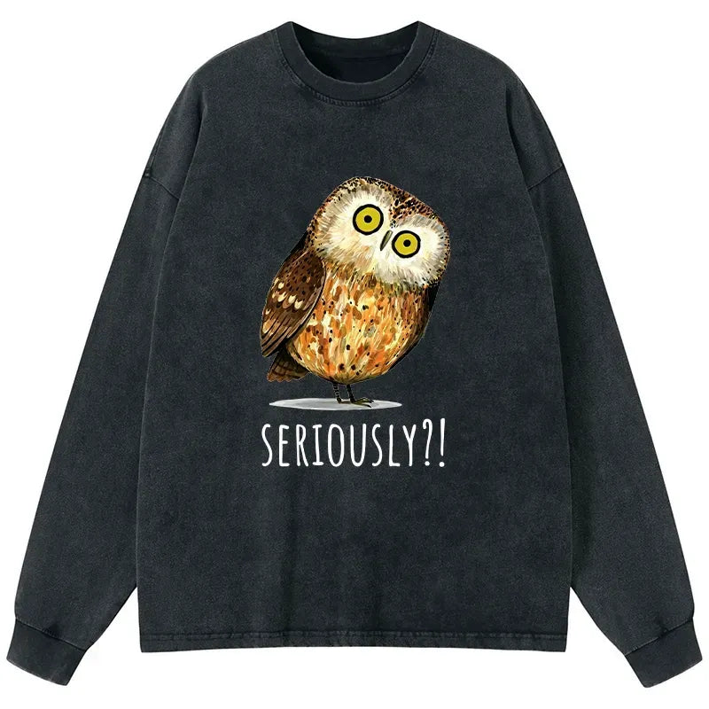 Kyoto-Lion Seriously Confused Owl Meme Art Washed Long Sleeve T-Shirt
