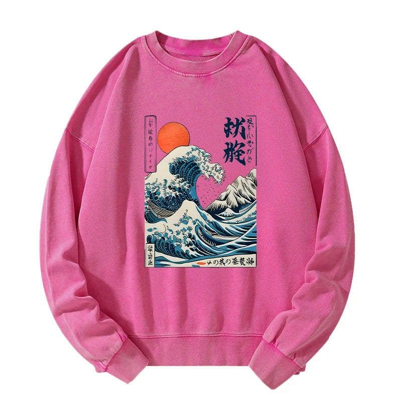Kyoto-Lion Ukiyo-e Ocean Waves Japan Washed Sweatshirt