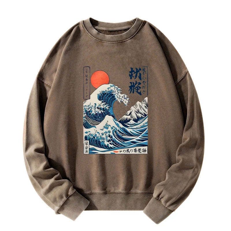 Kyoto-Lion Ukiyo-e Ocean Waves Japan Washed Sweatshirt