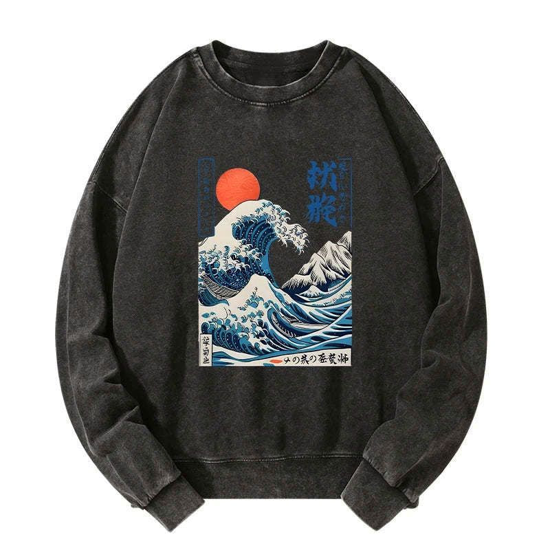 Kyoto-Lion Ukiyo-e Ocean Waves Japan Washed Sweatshirt