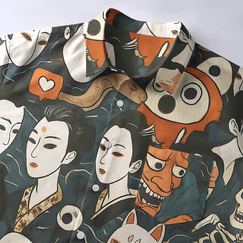 Kyoto-Lion Japanese Geisha And Mask Button-up Shirt