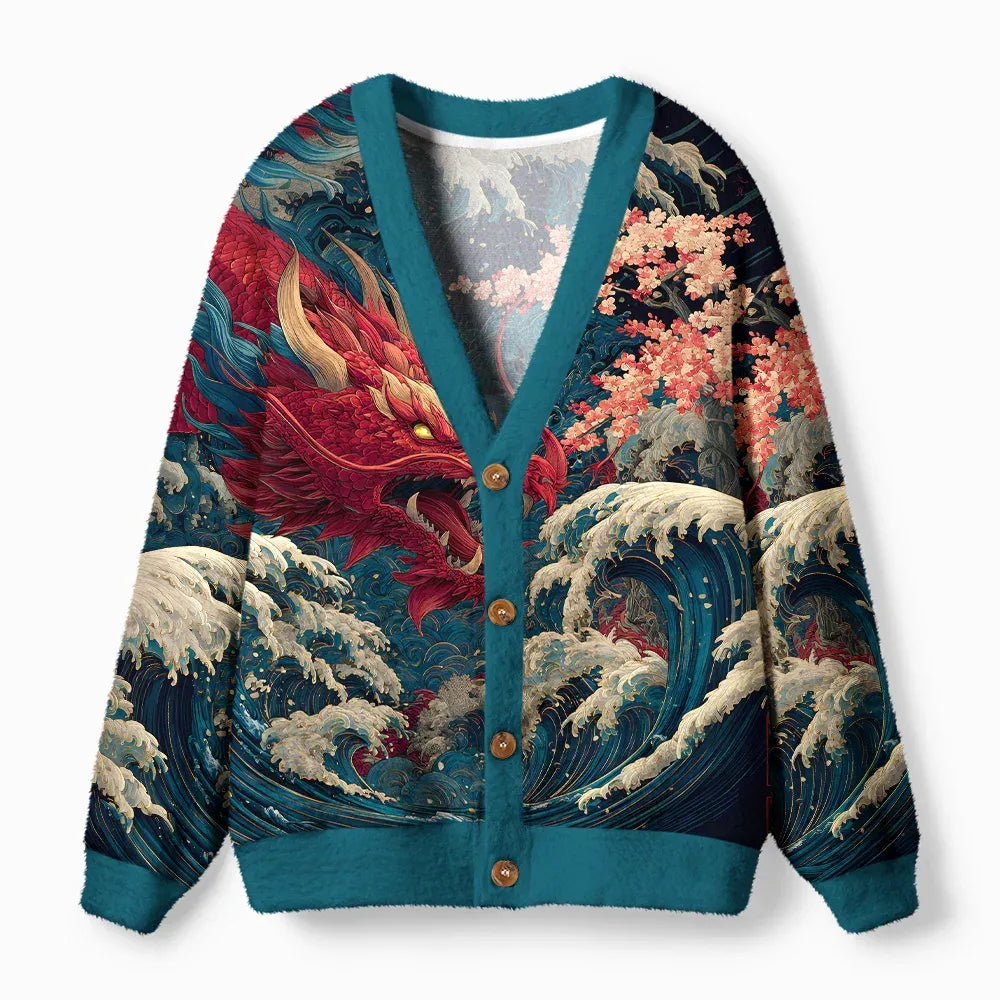 Kyoto-Lion Red Dragon Ukiyo-e Ugly Cardigan Sweater