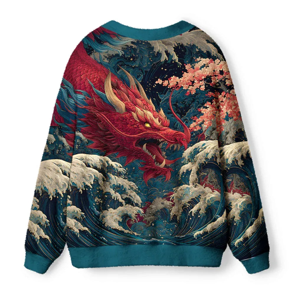 Kyoto-Lion Red Dragon Ukiyo-e Ugly Cardigan Sweater