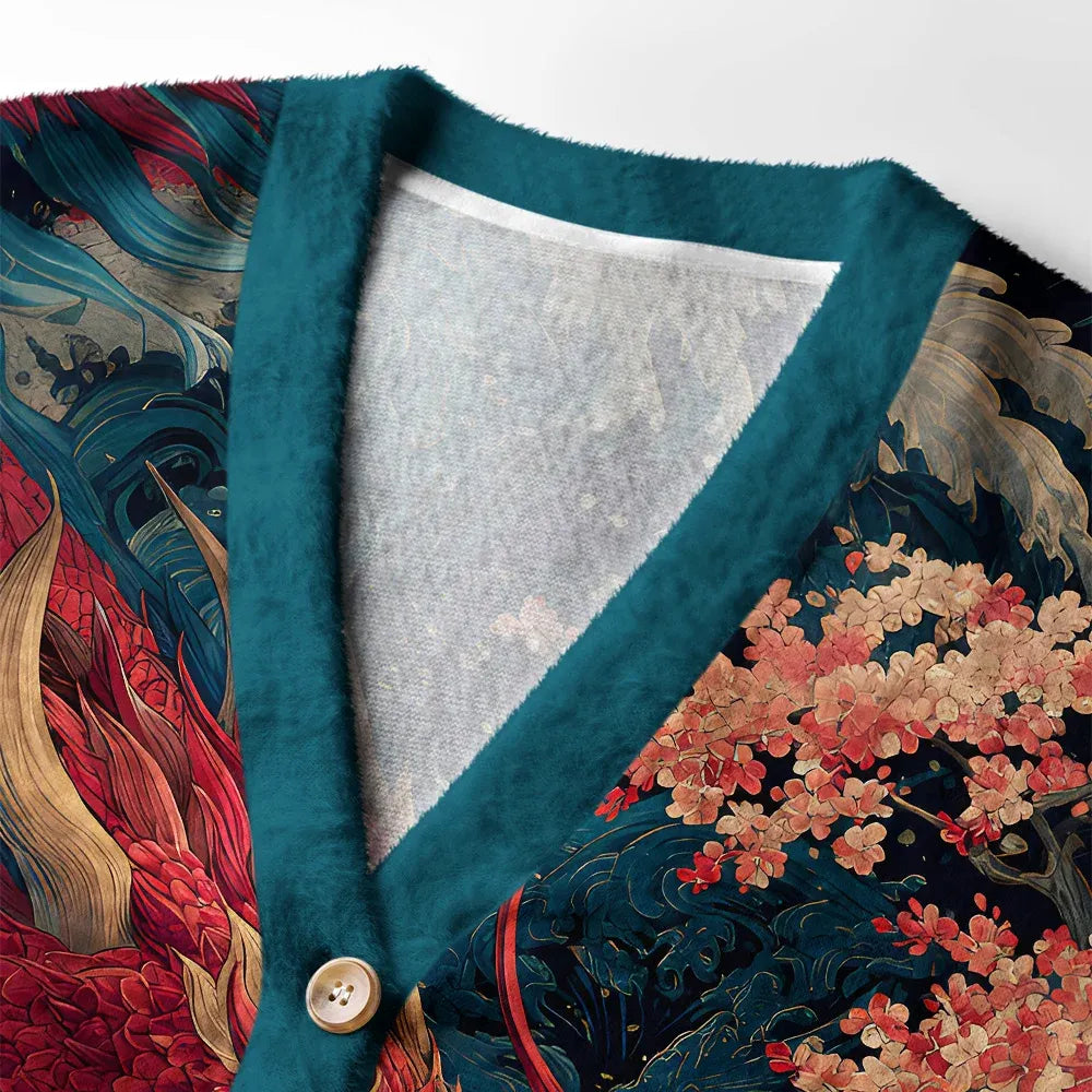 Kyoto-Lion Red Dragon Ukiyo-e Ugly Cardigan Sweater