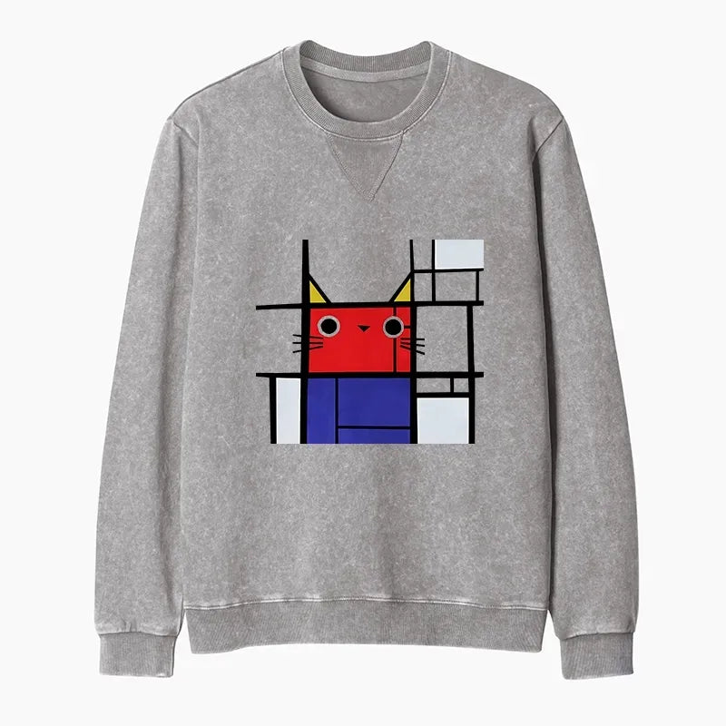 Kyoto-Lion Abstract Art Cat Washed Terry Sweatshirt