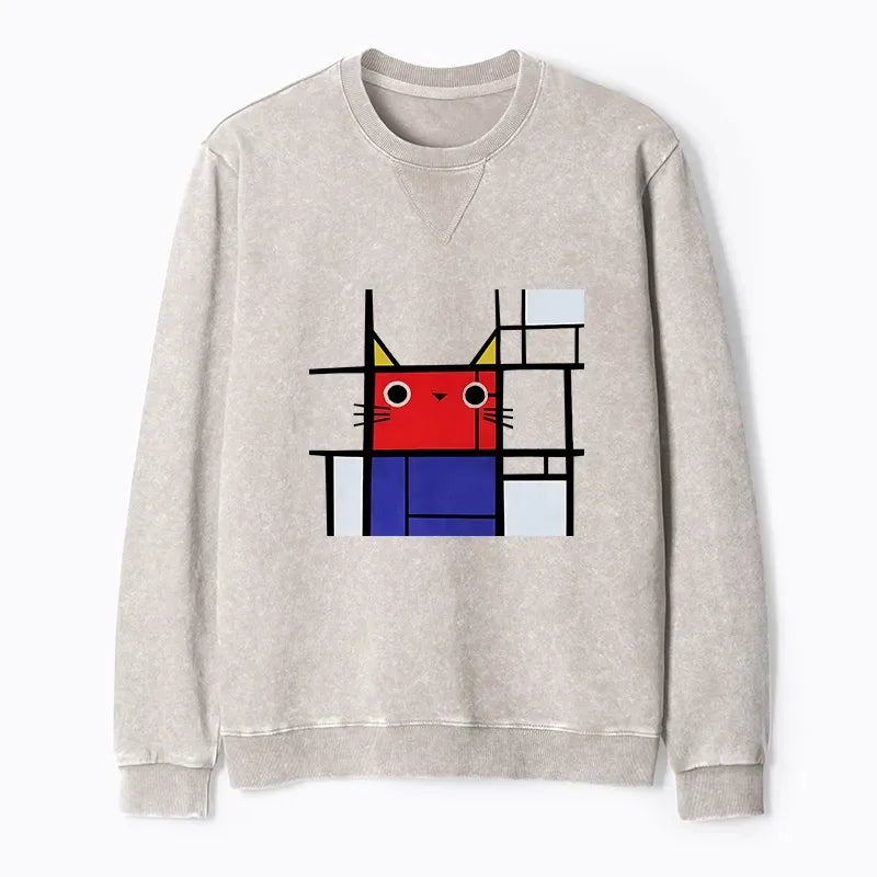 Kyoto-Lion Abstract Art Cat Washed Terry Sweatshirt