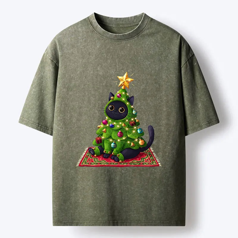 Kyoto-Lion Cute Christmas Tree Cat Washed T-Shirt