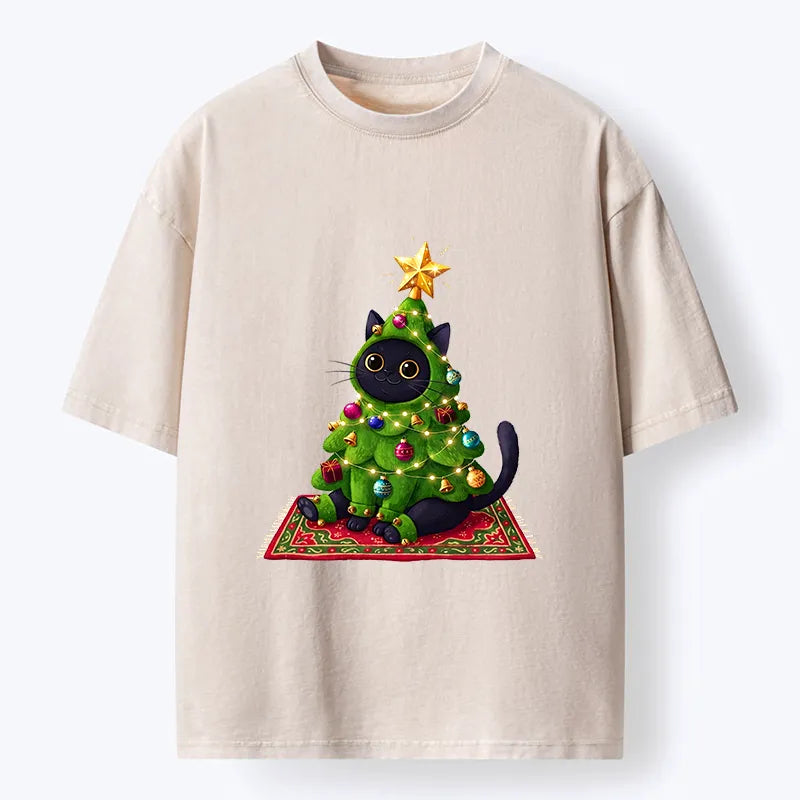 Kyoto-Lion Cute Christmas Tree Cat Washed T-Shirt