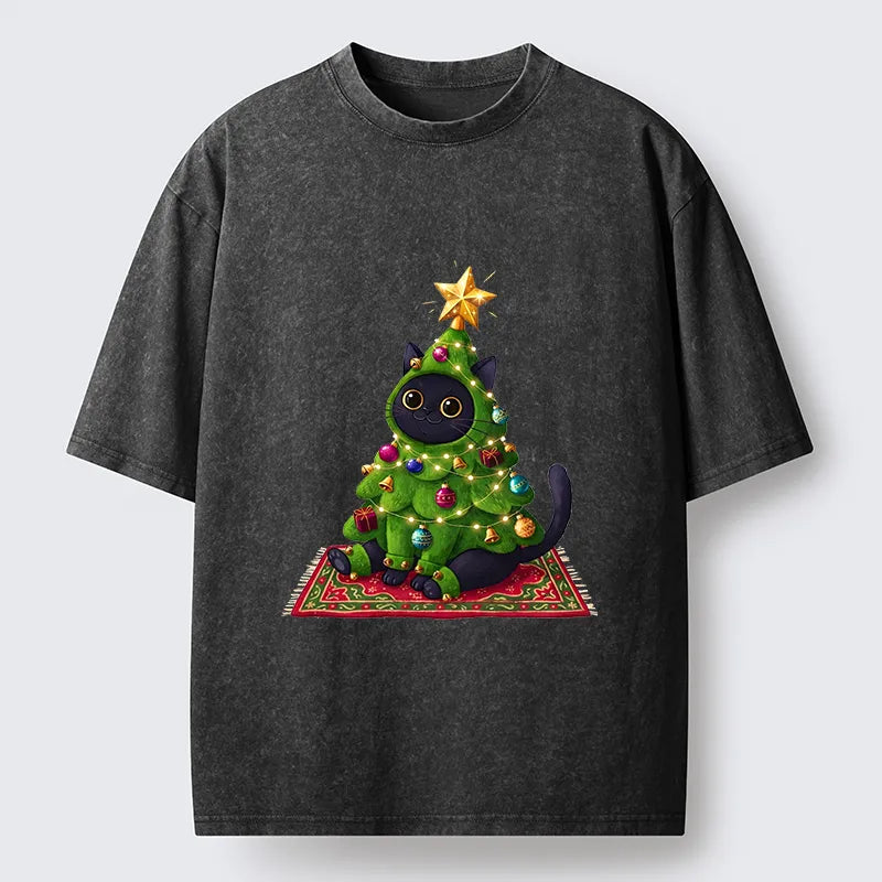 Kyoto-Lion Cute Christmas Tree Cat Washed T-Shirt