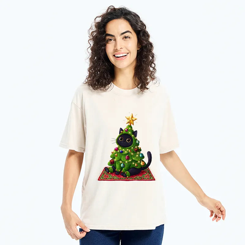 Kyoto-Lion Cute Christmas Tree Cat Washed T-Shirt