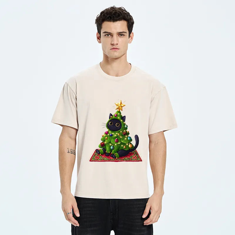 Kyoto-Lion Cute Christmas Tree Cat Washed T-Shirt