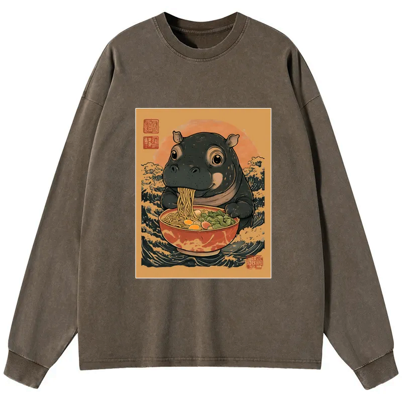 Kyoto-Lion Moo Deng Eat Ramen Washed Long Sleeve T-Shirt