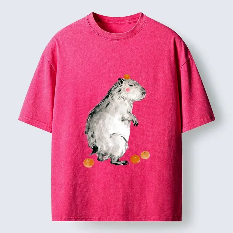 Kyoto-Lion Orange On Capybara Funny Washed T-Shirt