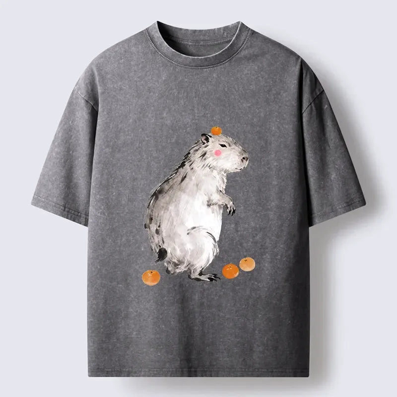 Kyoto-Lion Orange On Capybara Funny Washed T-Shirt