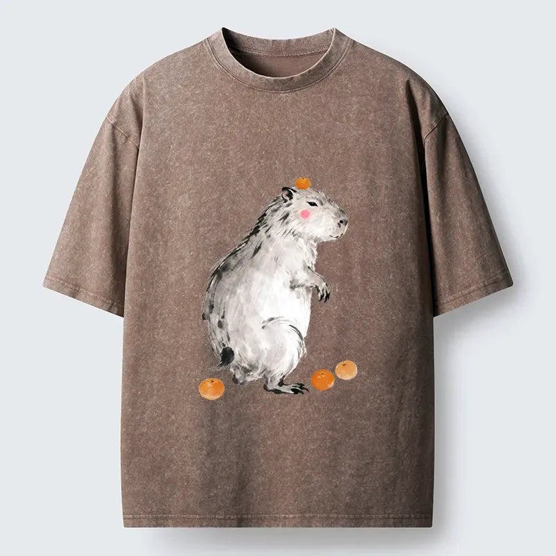 Kyoto-Lion Orange On Capybara Funny Washed T-Shirt