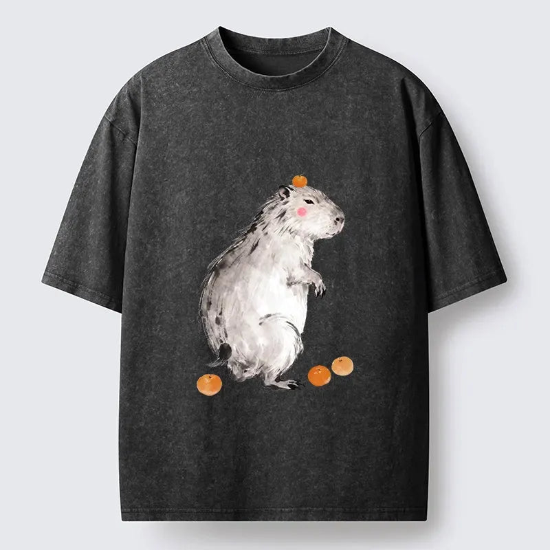 Kyoto-Lion Orange On Capybara Funny Washed T-Shirt
