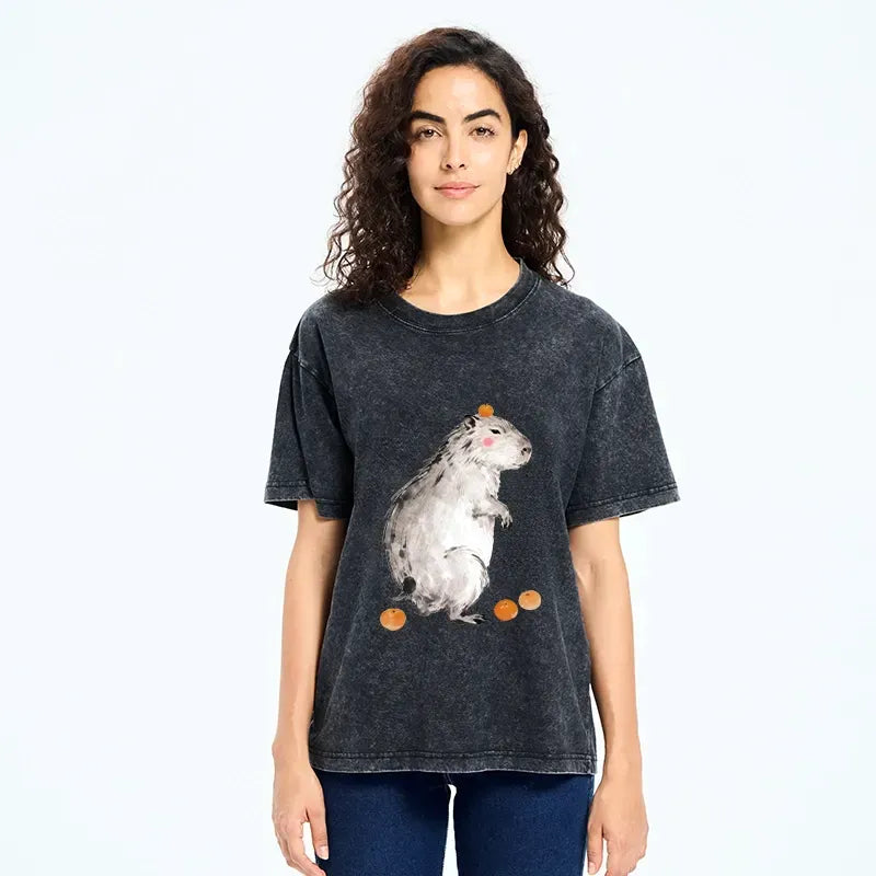 Kyoto-Lion Orange On Capybara Funny Washed T-Shirt