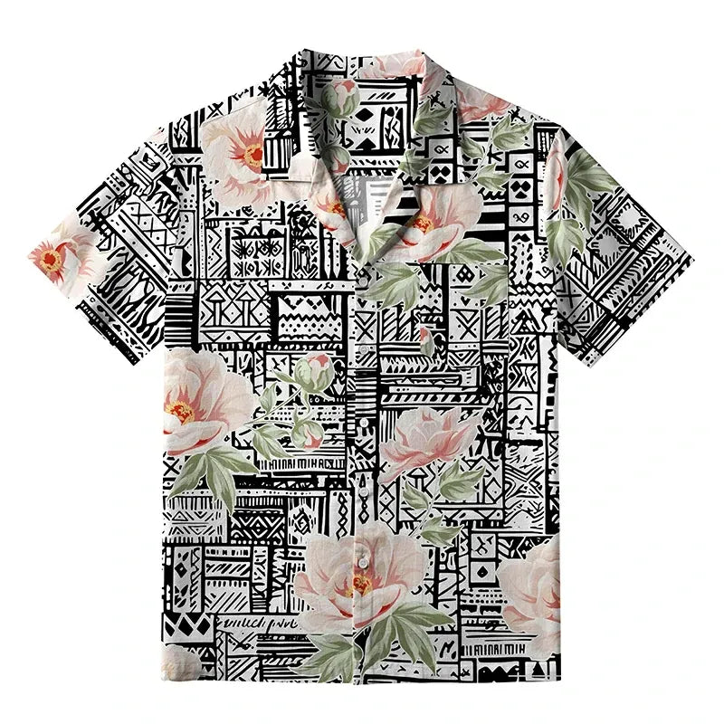 Kyoto-Lion Flowers In Line Art Hawaiian Shirt