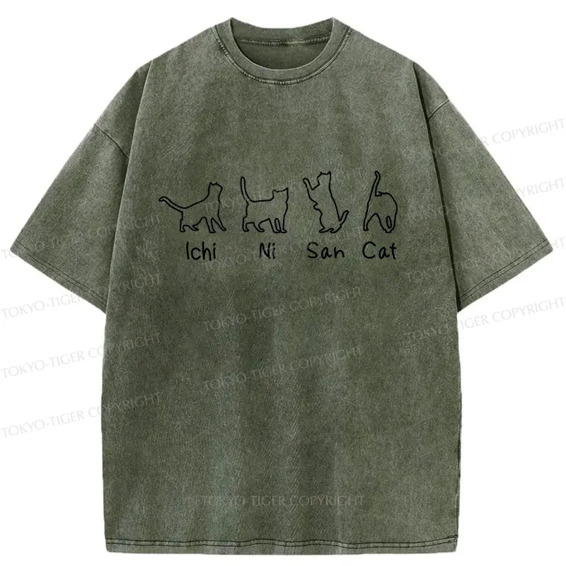 Japanese Cat Washed T-Shirt for Daily Wear
