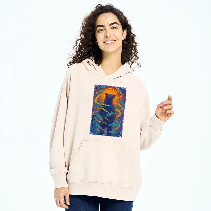 Kyoto-Lion Ukiyoe Bear and Fish Washed Hoodie