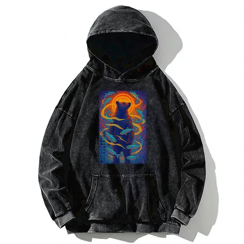 Kyoto-Lion Ukiyoe Bear and Fish Washed Hoodie