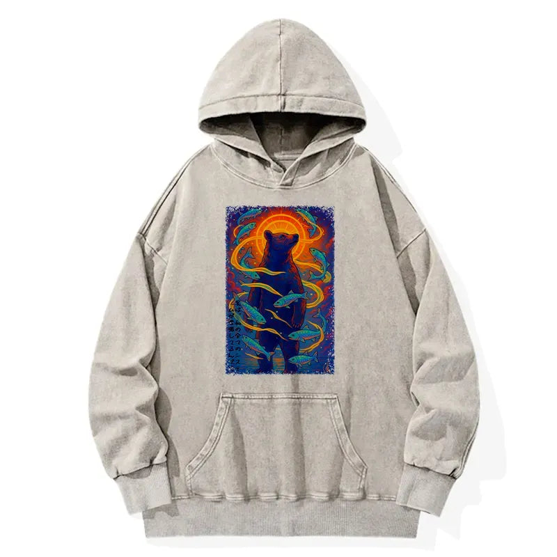 Kyoto-Lion Ukiyoe Bear and Fish Washed Hoodie