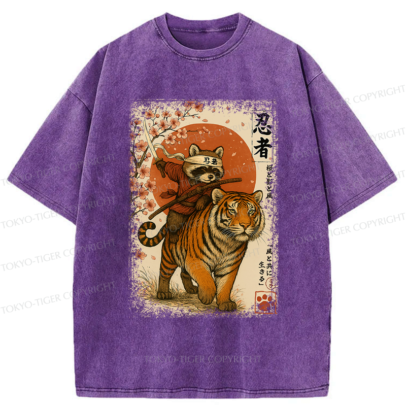 raccoon riding tiger washed t-shirt