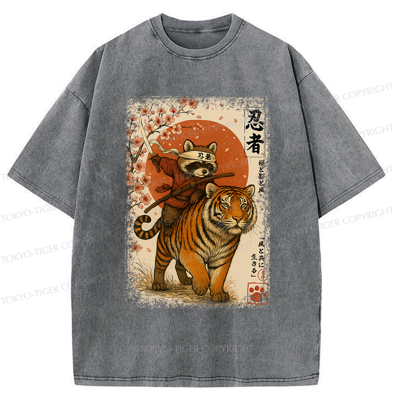 raccoon riding tiger washed t-shirt