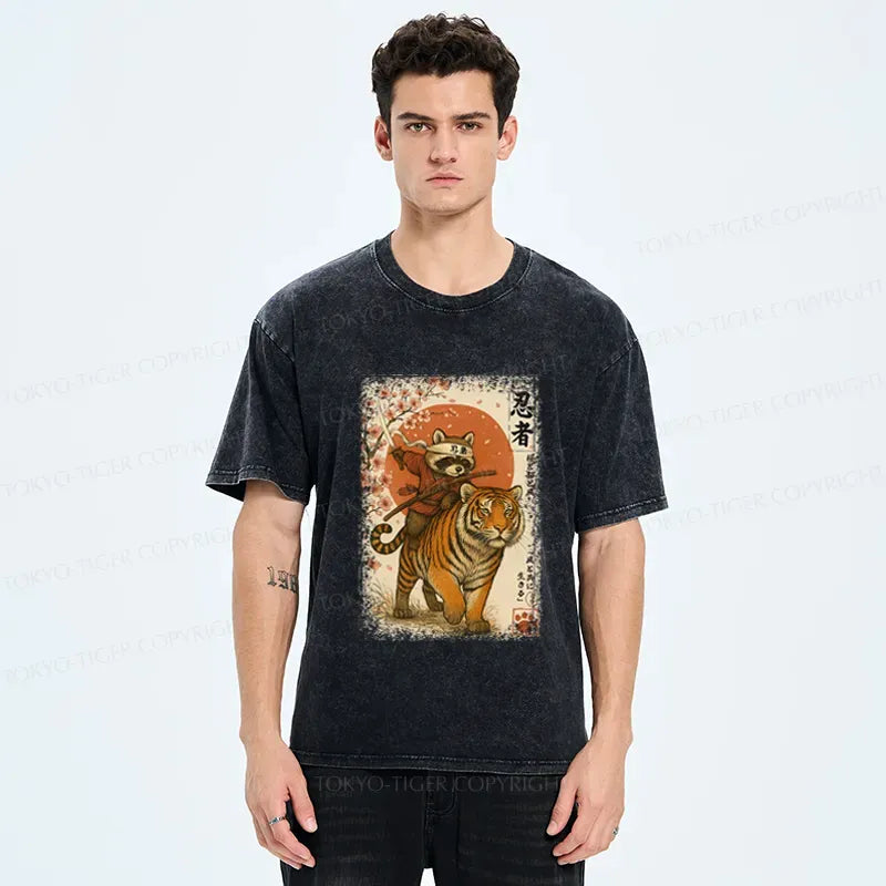 raccoon riding tiger washed t-shirt