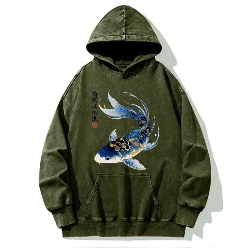 Kyoto-Lion Elegant Koi Fish Watercolor Art Washed Hoodie