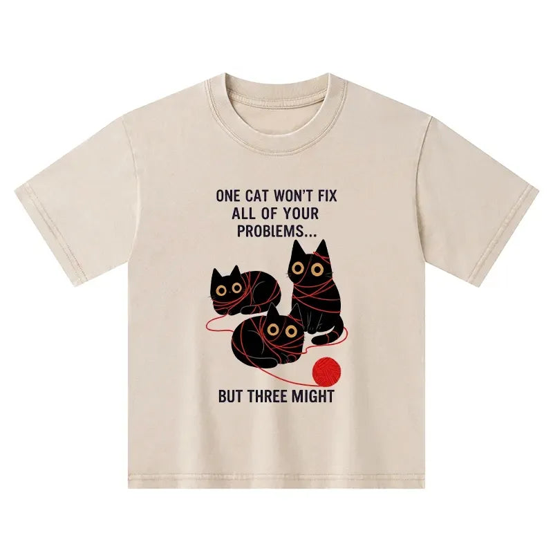 Kyoto-Lion Three Cats Fix All Problems Kids Washed T-Shirt