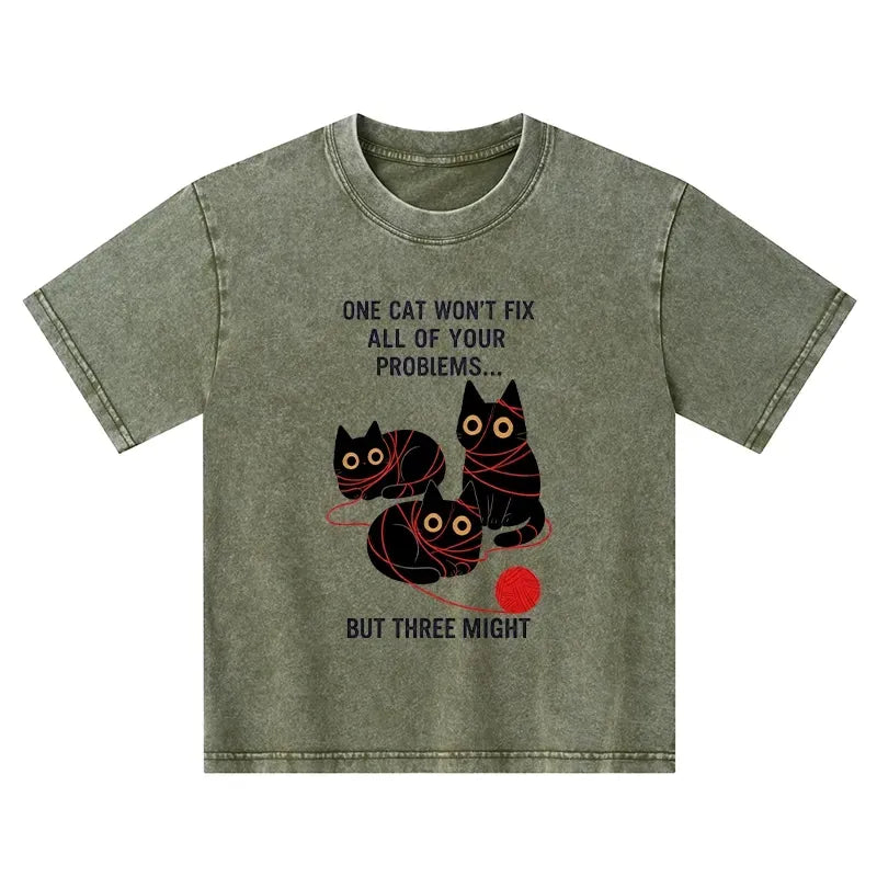 Kyoto-Lion Three Cats Fix All Problems Kids Washed T-Shirt