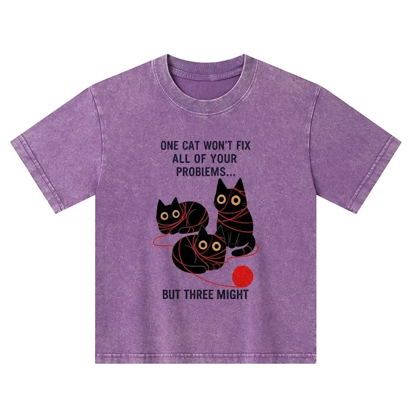 Kyoto-Lion Three Cats Fix All Problems Kids Washed T-Shirt