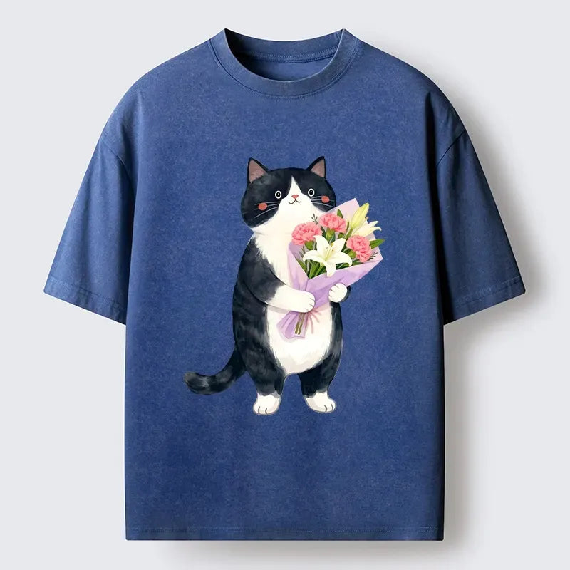 Kyoto-Lion Sweet Cat Delivers Flowers Washed T-Shirt