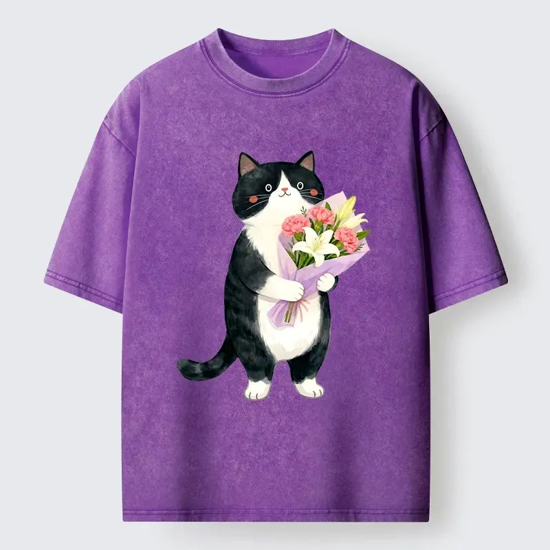 unisex cotton t shirt with cat and flowers