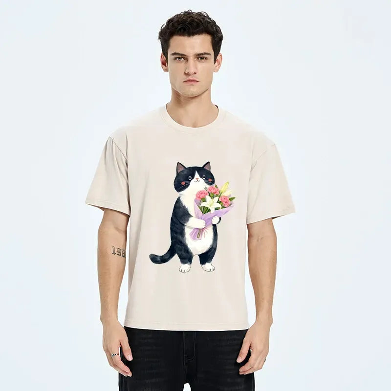 Kyoto-Lion Sweet Cat Delivers Flowers Washed T-Shirt