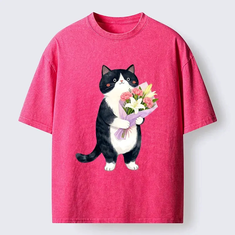 Japanese washed cat t-shirt for daily wear