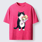 Japanese washed cat t-shirt for daily wear