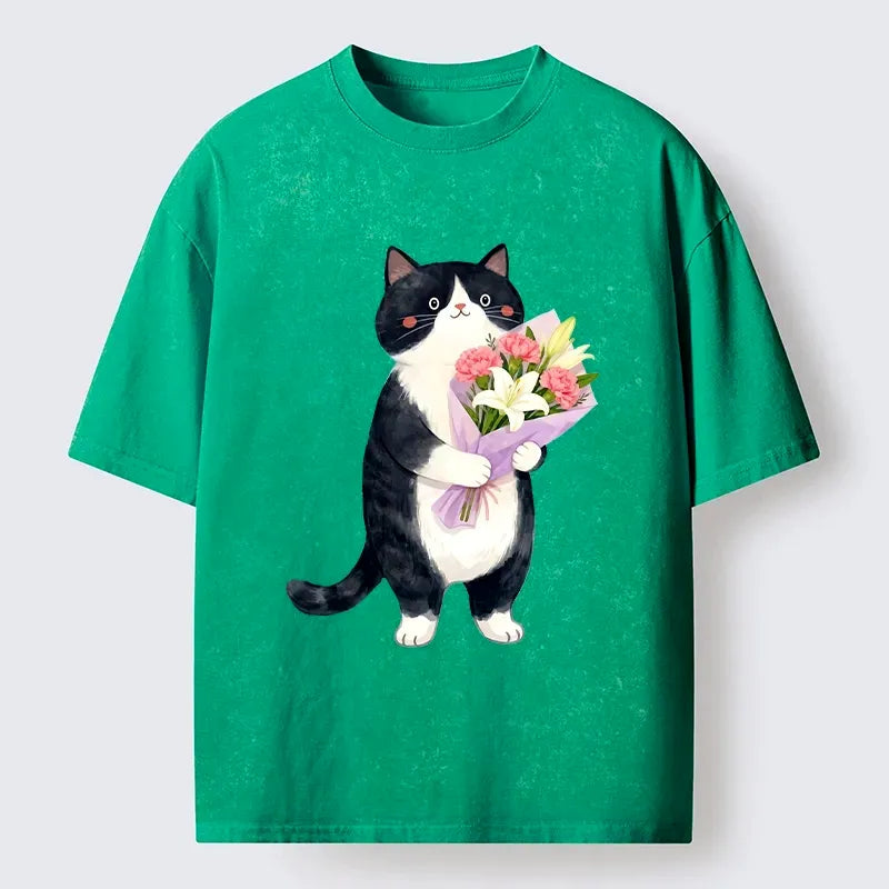 Kyoto-Lion Sweet Cat Delivers Flowers Washed T-Shirt