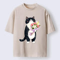 unisex cotton t shirt with cat and flowers