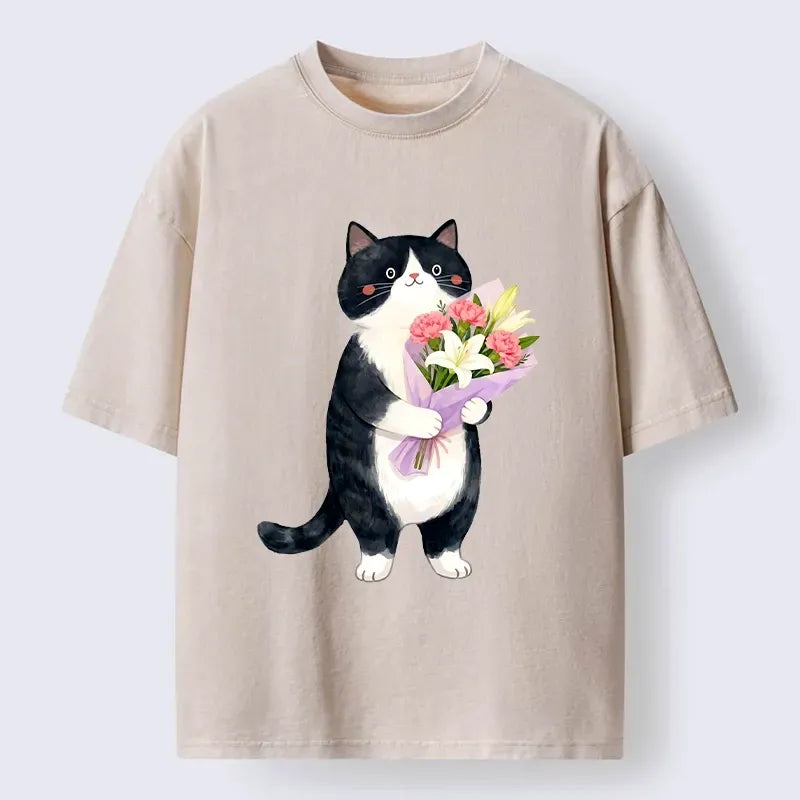 unisex cotton t shirt with cat and flowers