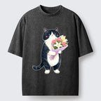 Japanese washed cat t-shirt for daily wear