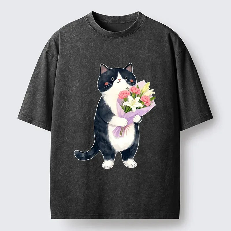 Japanese washed cat t-shirt for daily wear