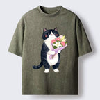 Japanese washed cat t-shirt for daily wear