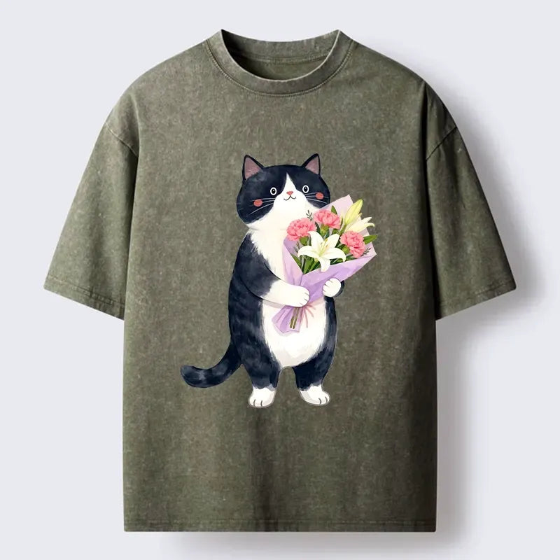 Japanese washed cat t-shirt for daily wear