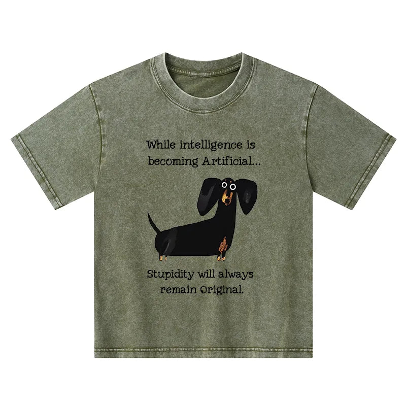 Kyoto-Lion Dachshund Real Humor Funny Meme Kids Washed T-Shirt