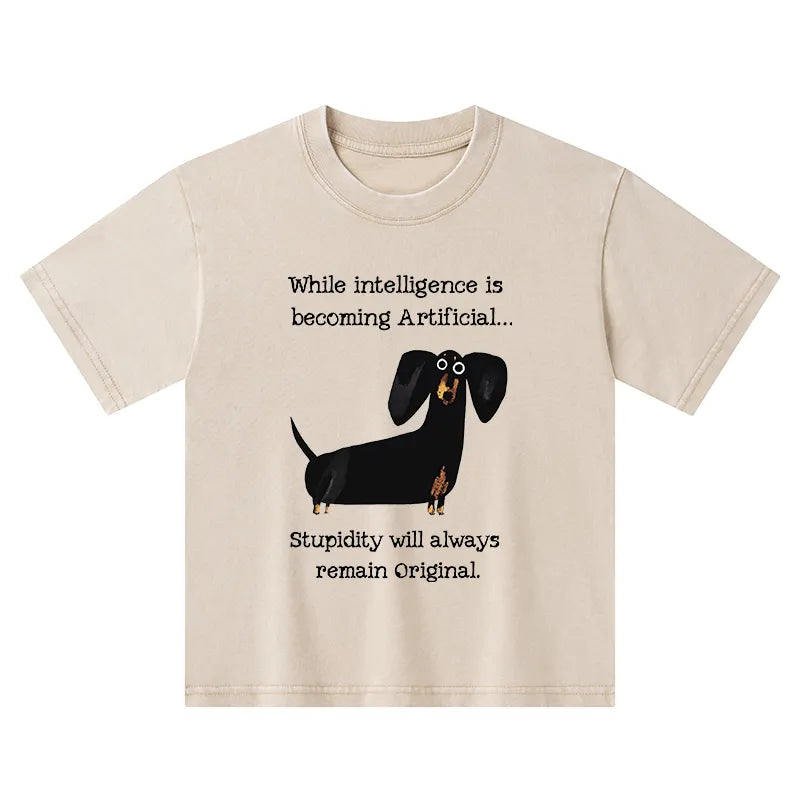 Kyoto-Lion Dachshund Real Humor Funny Meme Kids Washed T-Shirt