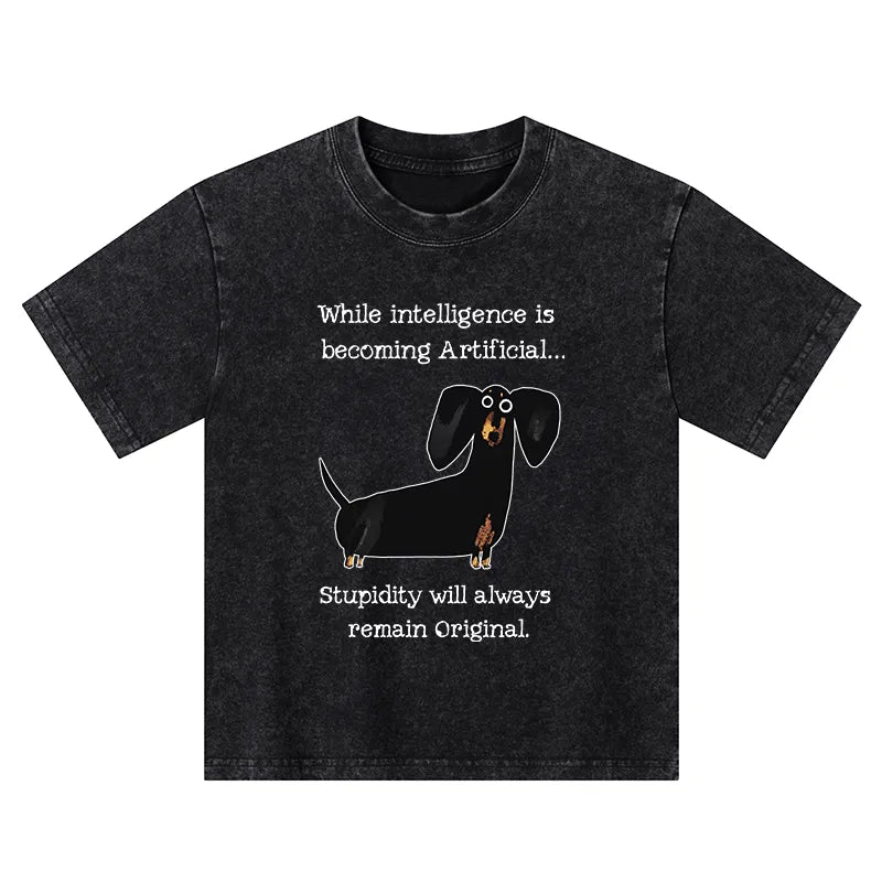 Kyoto-Lion Dachshund Real Humor Funny Meme Kids Washed T-Shirt