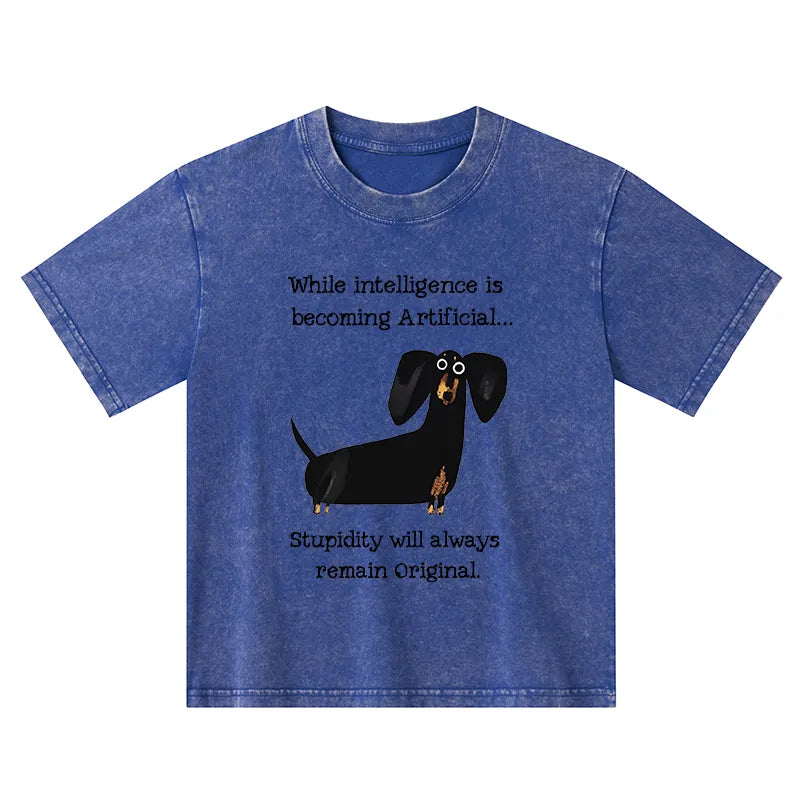Kyoto-Lion Dachshund Real Humor Funny Meme Kids Washed T-Shirt
