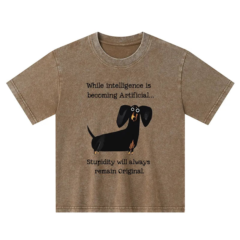 Kyoto-Lion Dachshund Real Humor Funny Meme Kids Washed T-Shirt